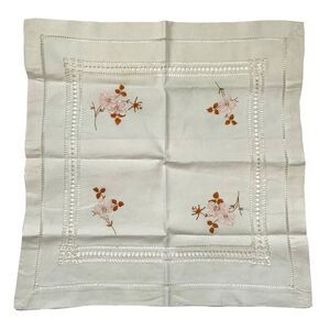 Vintage Floral Embroidered Doily Pulled Thread Square Topper Shabby Cottage Core